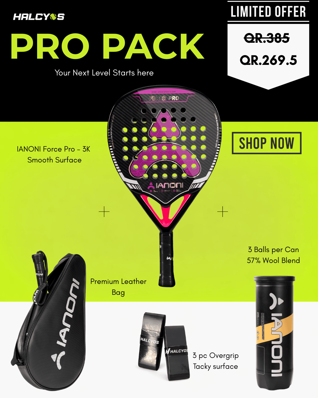 Halcyos Force Pro padel racket in black and green with 18K carbon construction