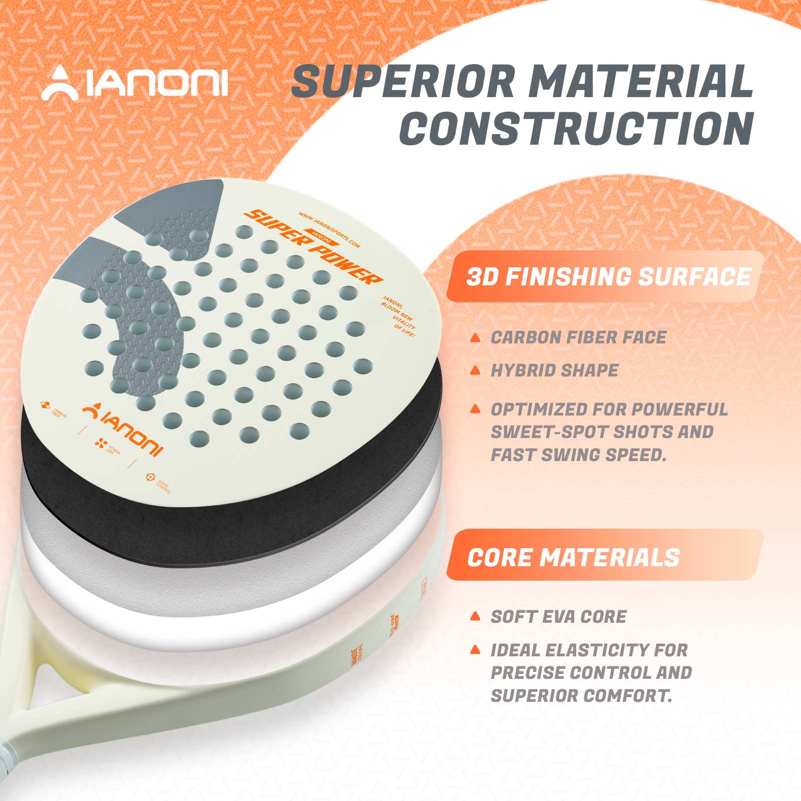 IANONI Super Power Cream White carbon fiber racket surface