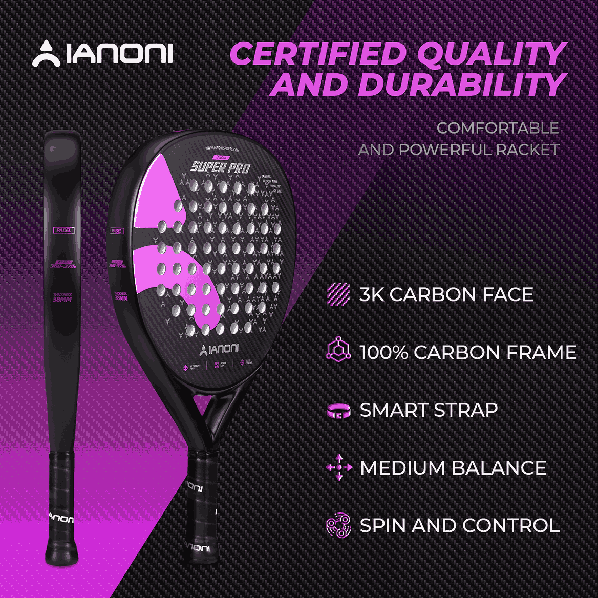 Front view of Halcyos IANONI Super Pro 3K carbon fiber padel racket in Qatar
