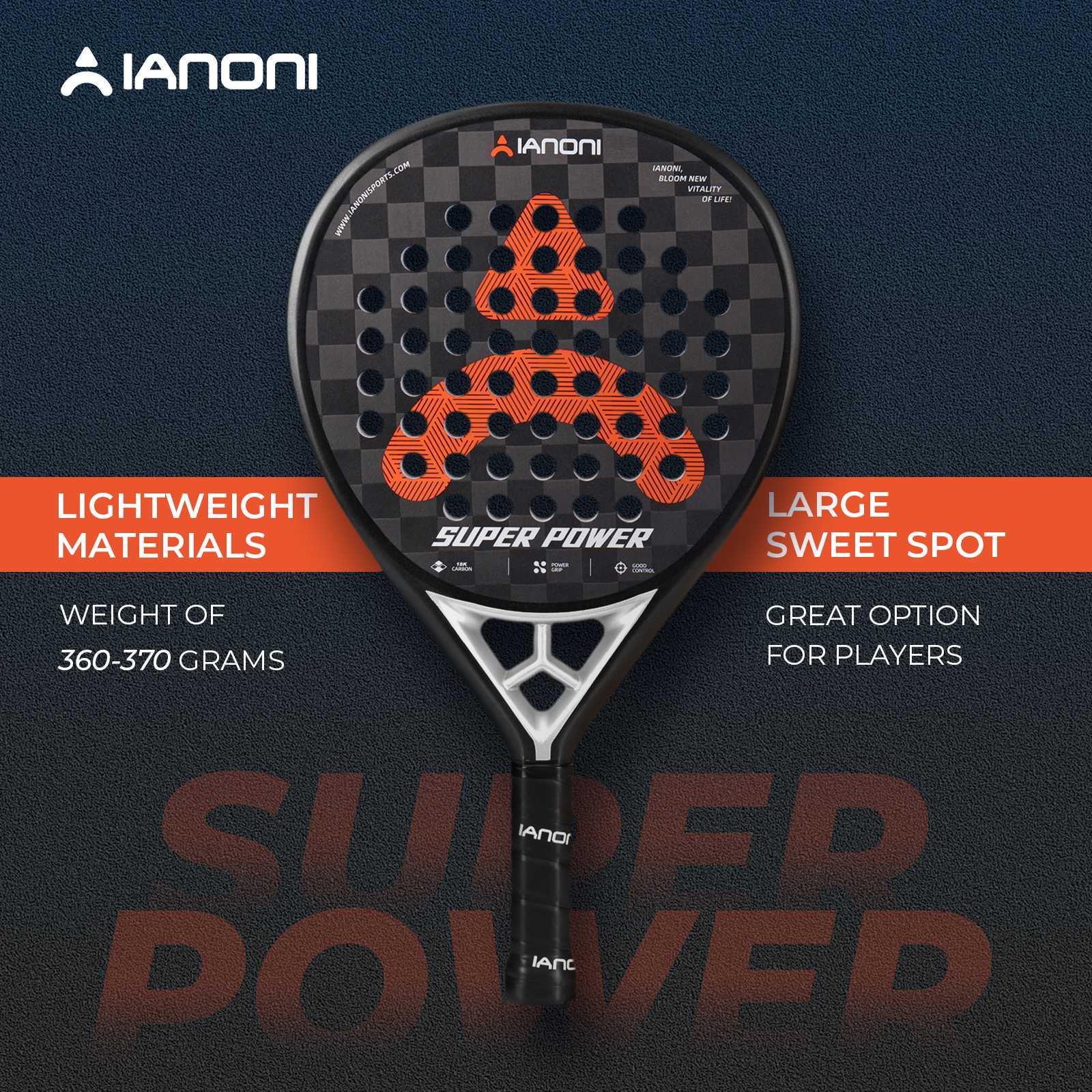 Front view of Halcyos IANONI Super Power 18K carbon fiber padel racket black and orange Qatar