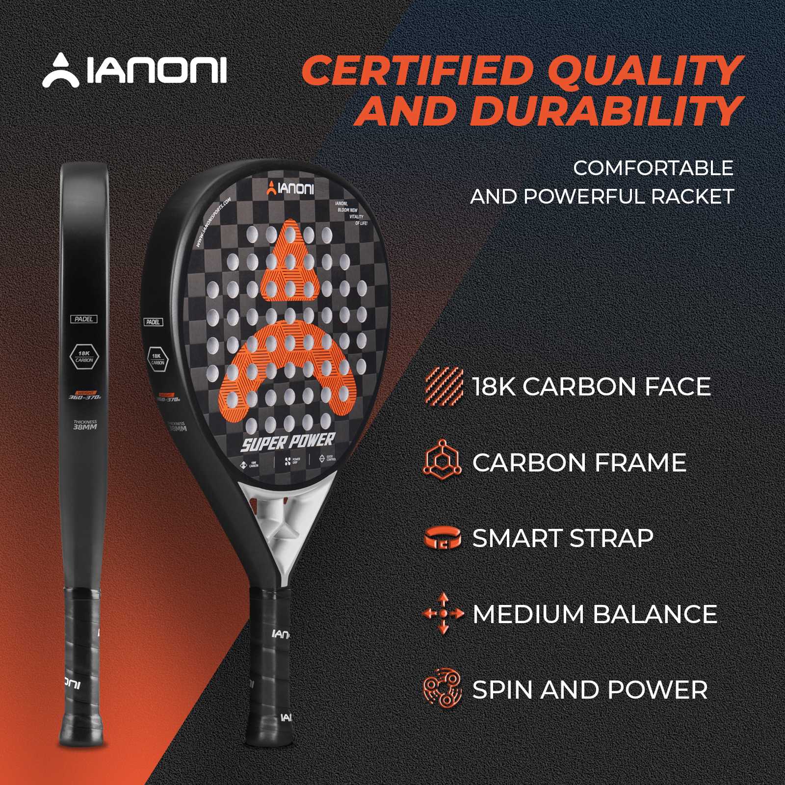 Ergonomic handle and grip on Halcyos Super Power padel racket black orange Qatar
