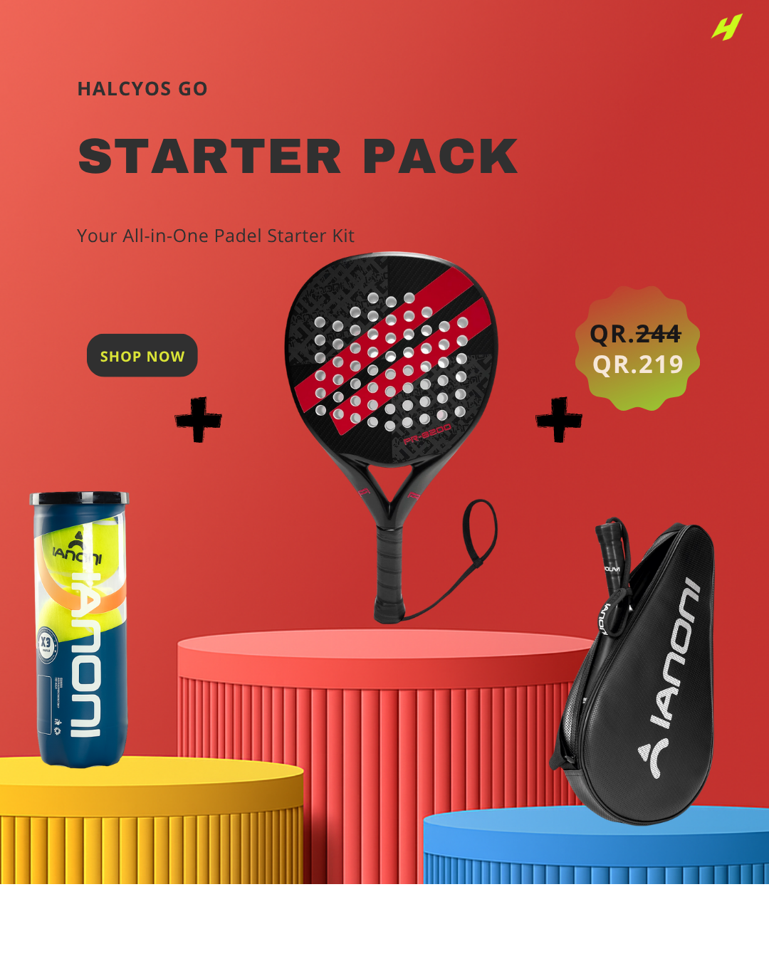 Halcyos Starter Pack – Beginner padel racket bundle with balls and bag