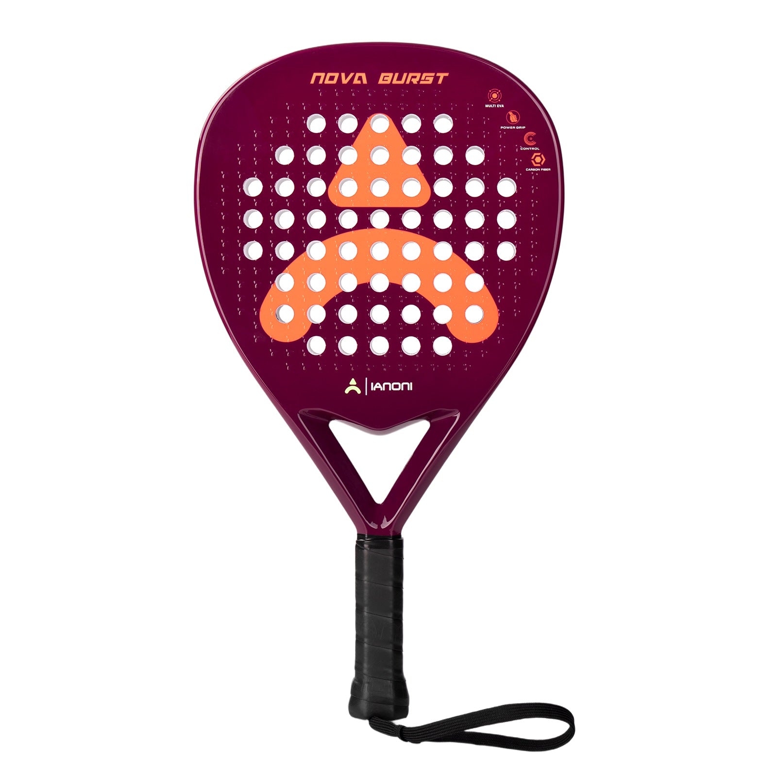 Front view of the blue IANONI Nova Burst junior padel racket with wrist strap