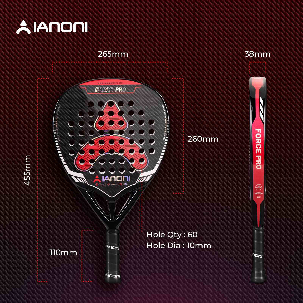 IANONI Force Pro red racket with EVA core for shock absorption and feel