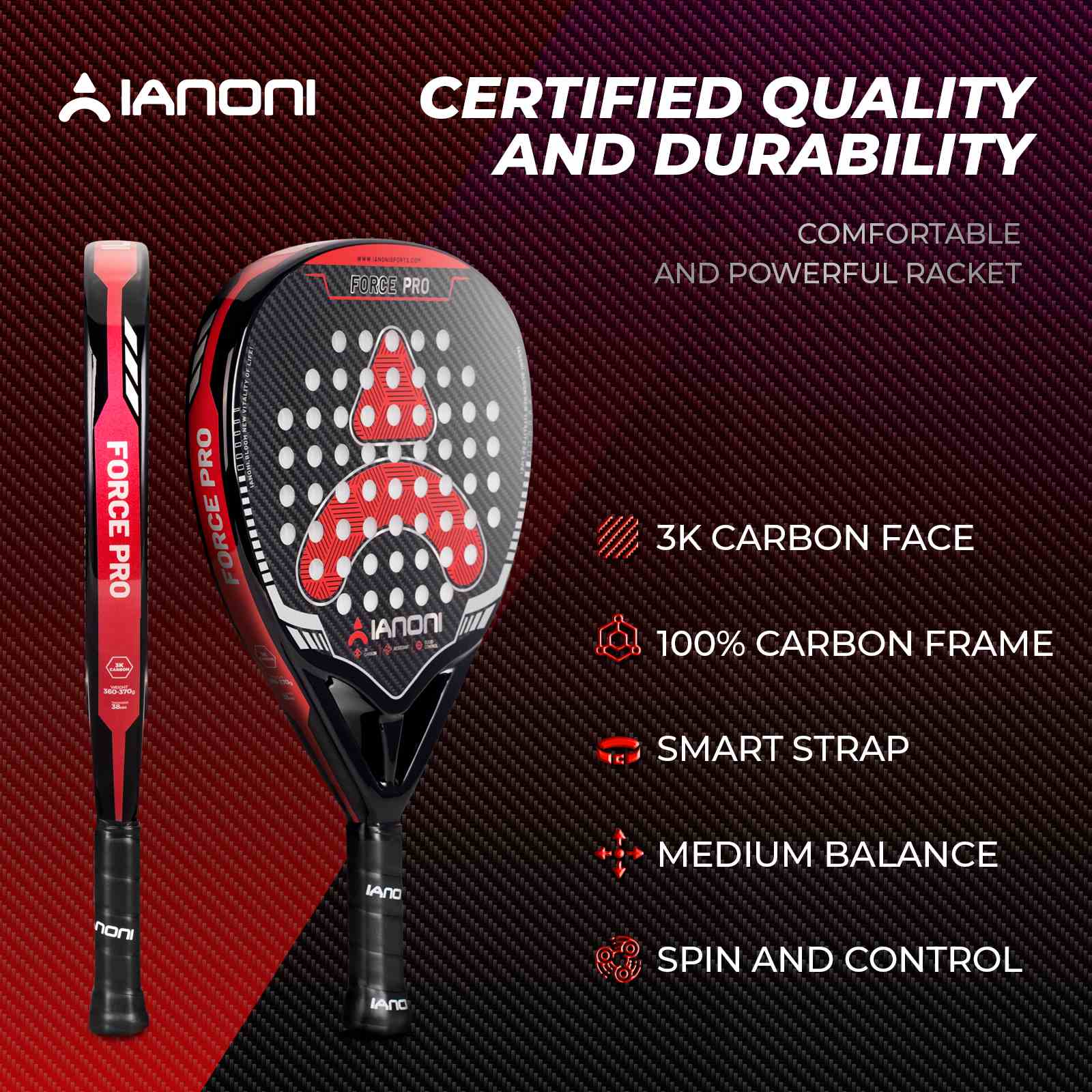 IANONI Force Pro Black hybrid padel racket front view