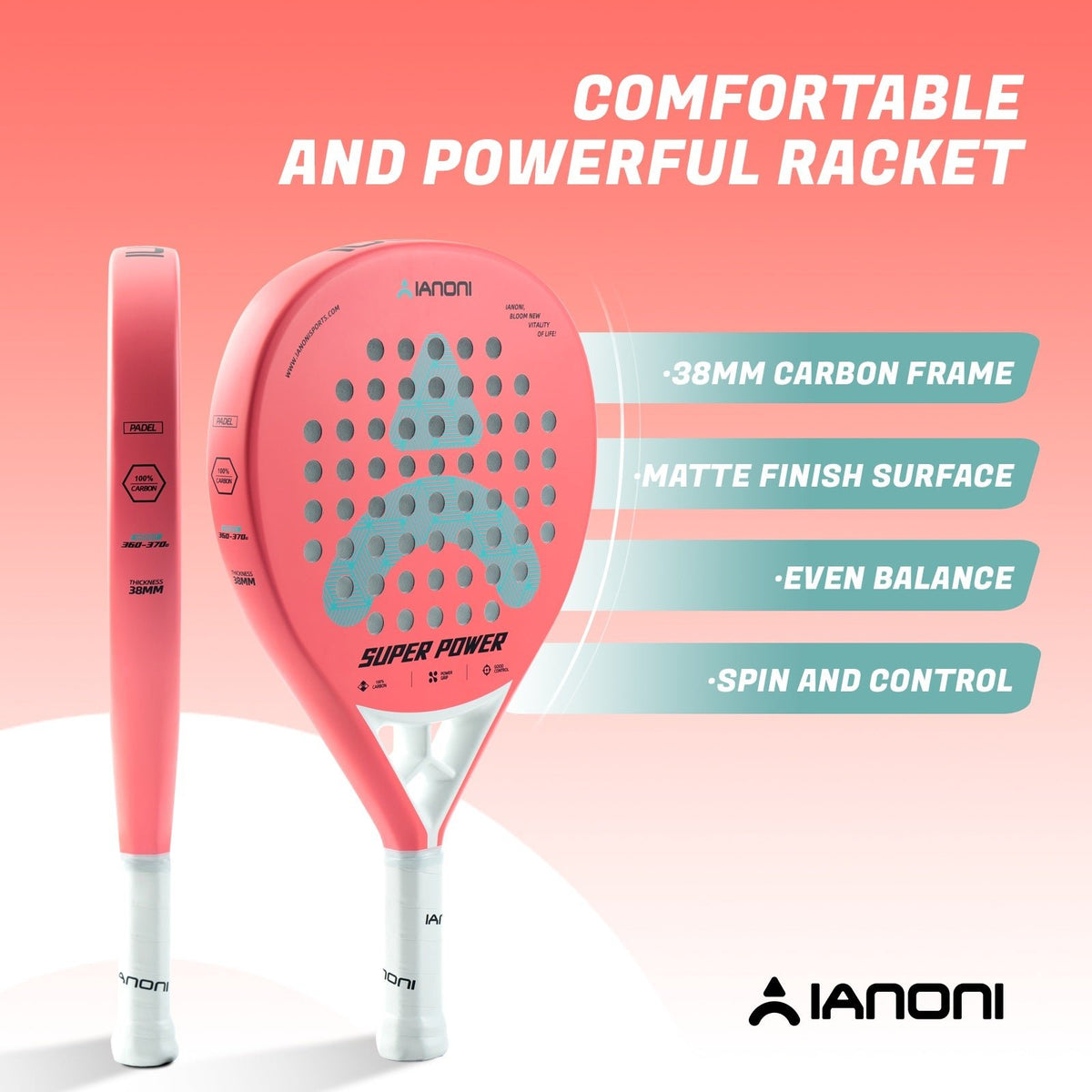 Close-up of IANONI Super Power padel racket carbon face and hole pattern