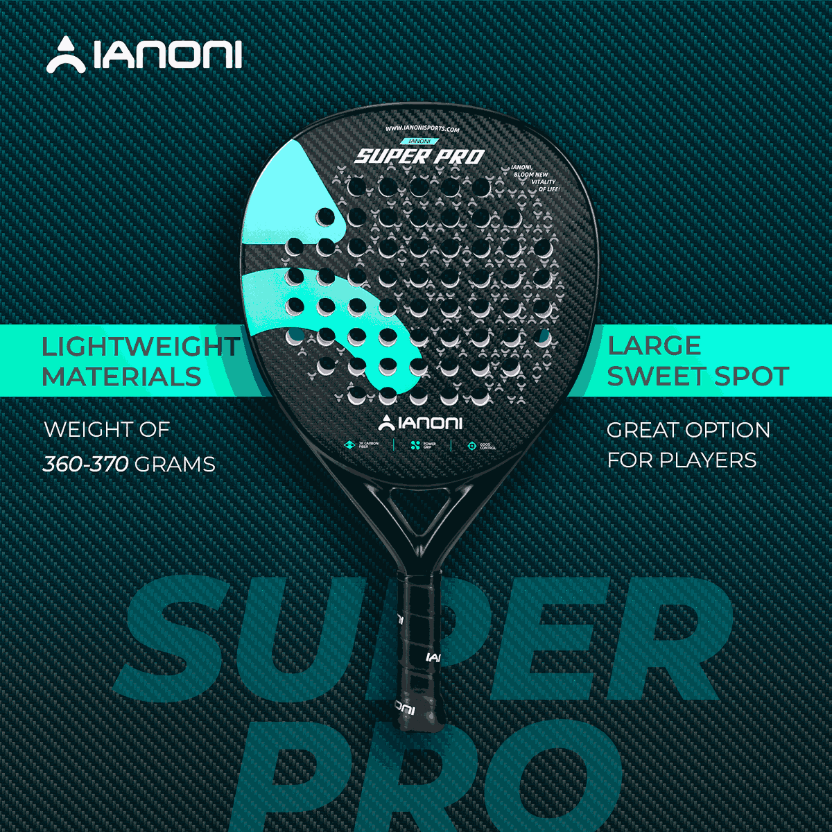 IANONI Super Pro padel racket with 3K carbon fiber face front view