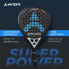 Front view of Halcyos IANONI Super Power black and blue padel racket Qatar