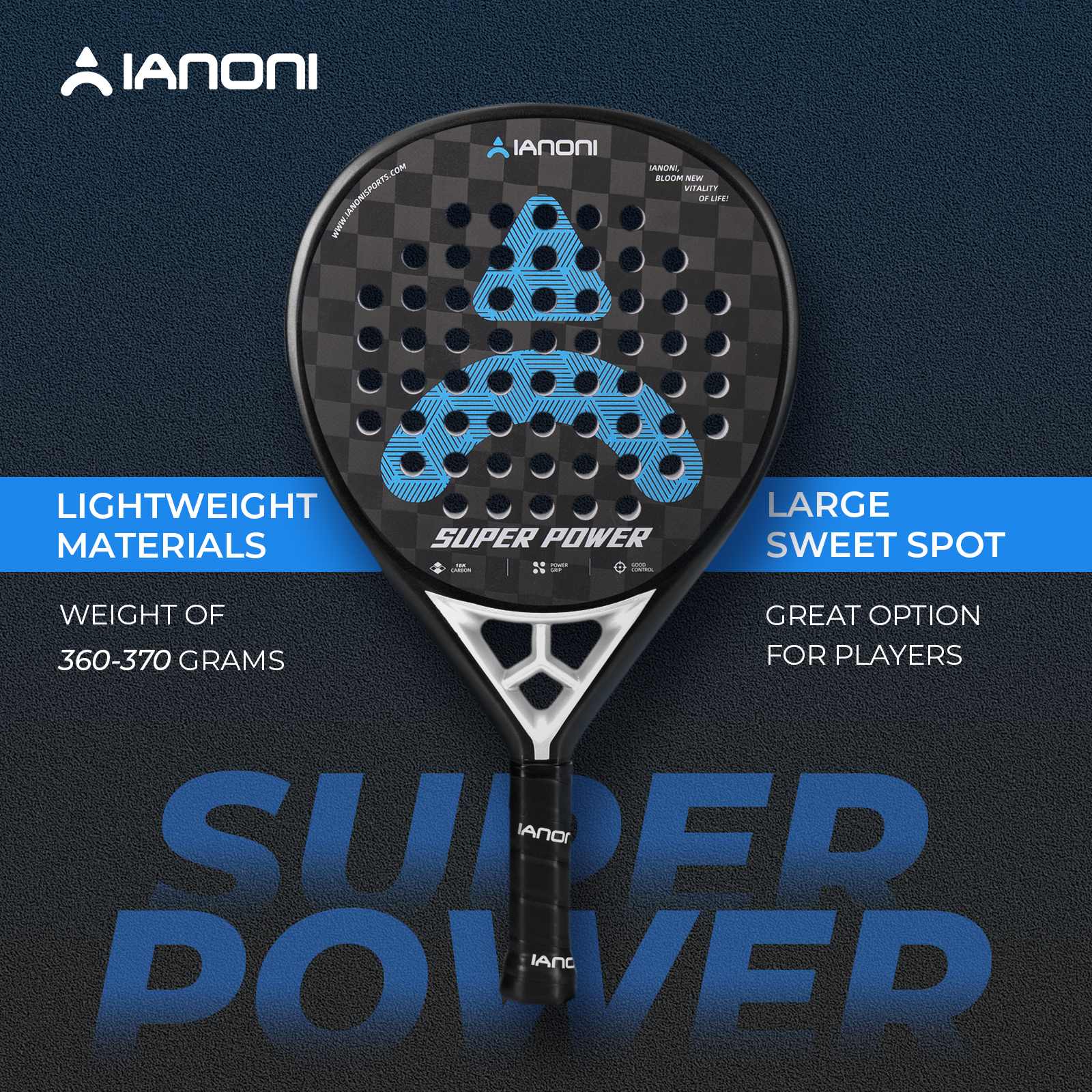 Front view of Halcyos IANONI Super Power black and blue padel racket Qatar