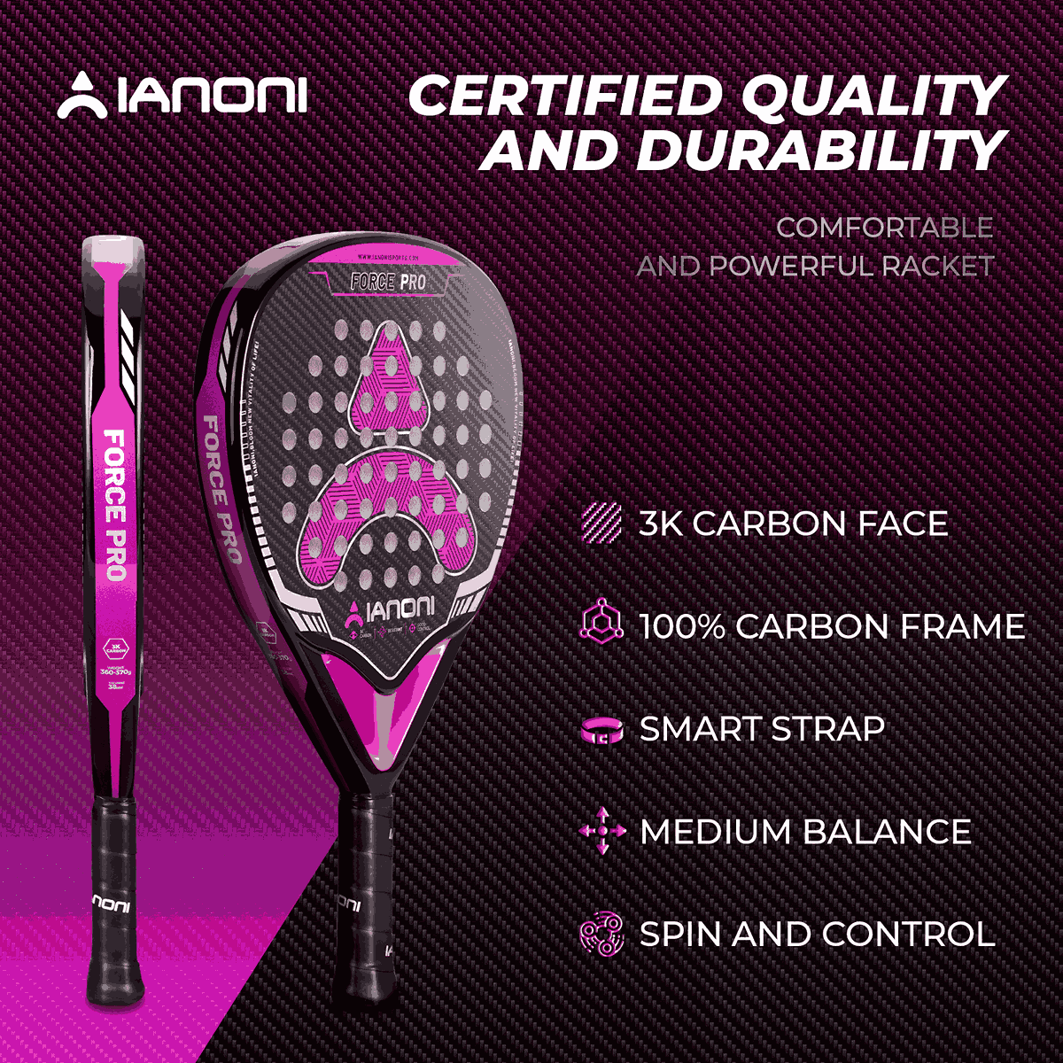 3K carbon fiber glossy surface of Halcyos IANONI Force Pro padel racket for spin and control