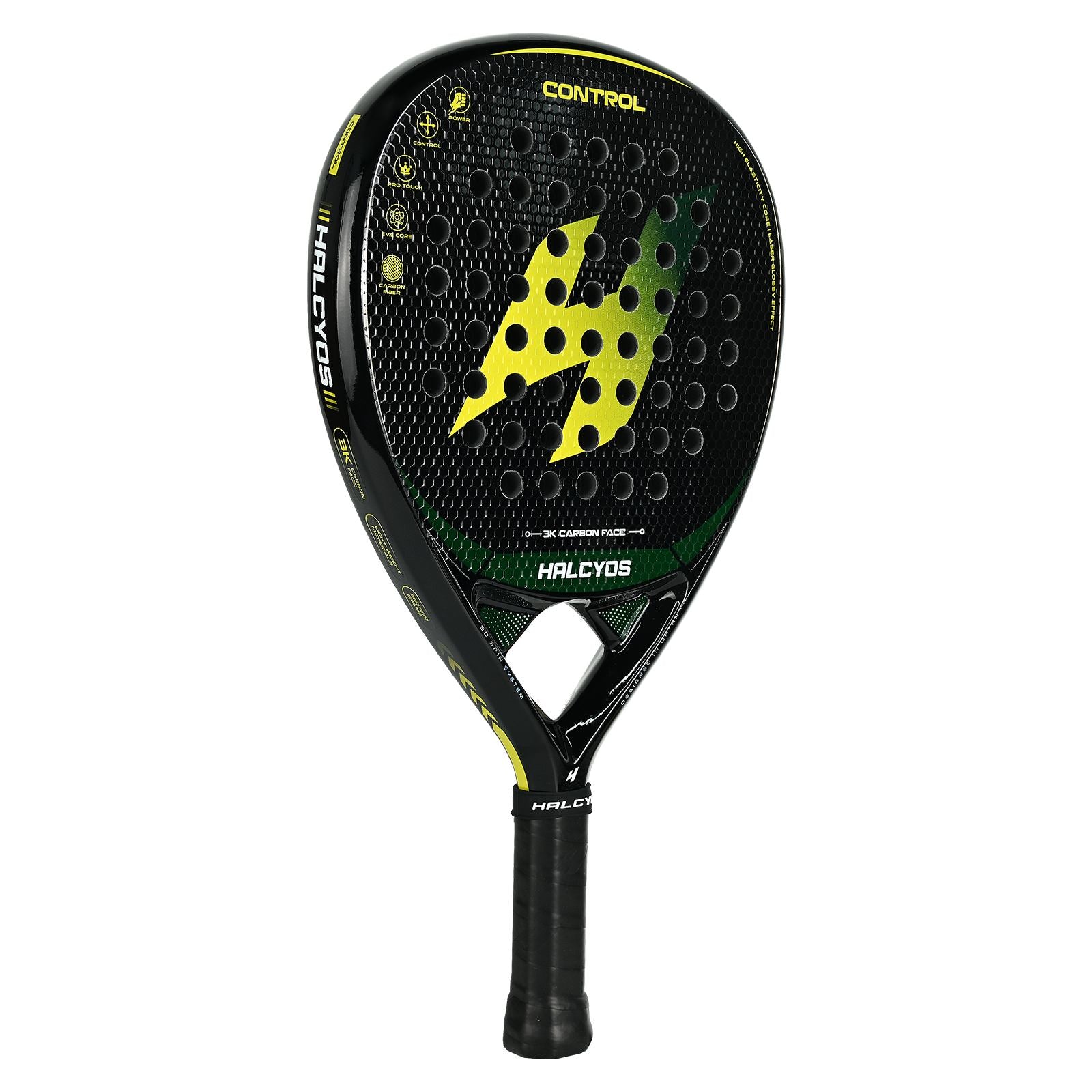 3K carbon face texture Halcyos padel racket close view