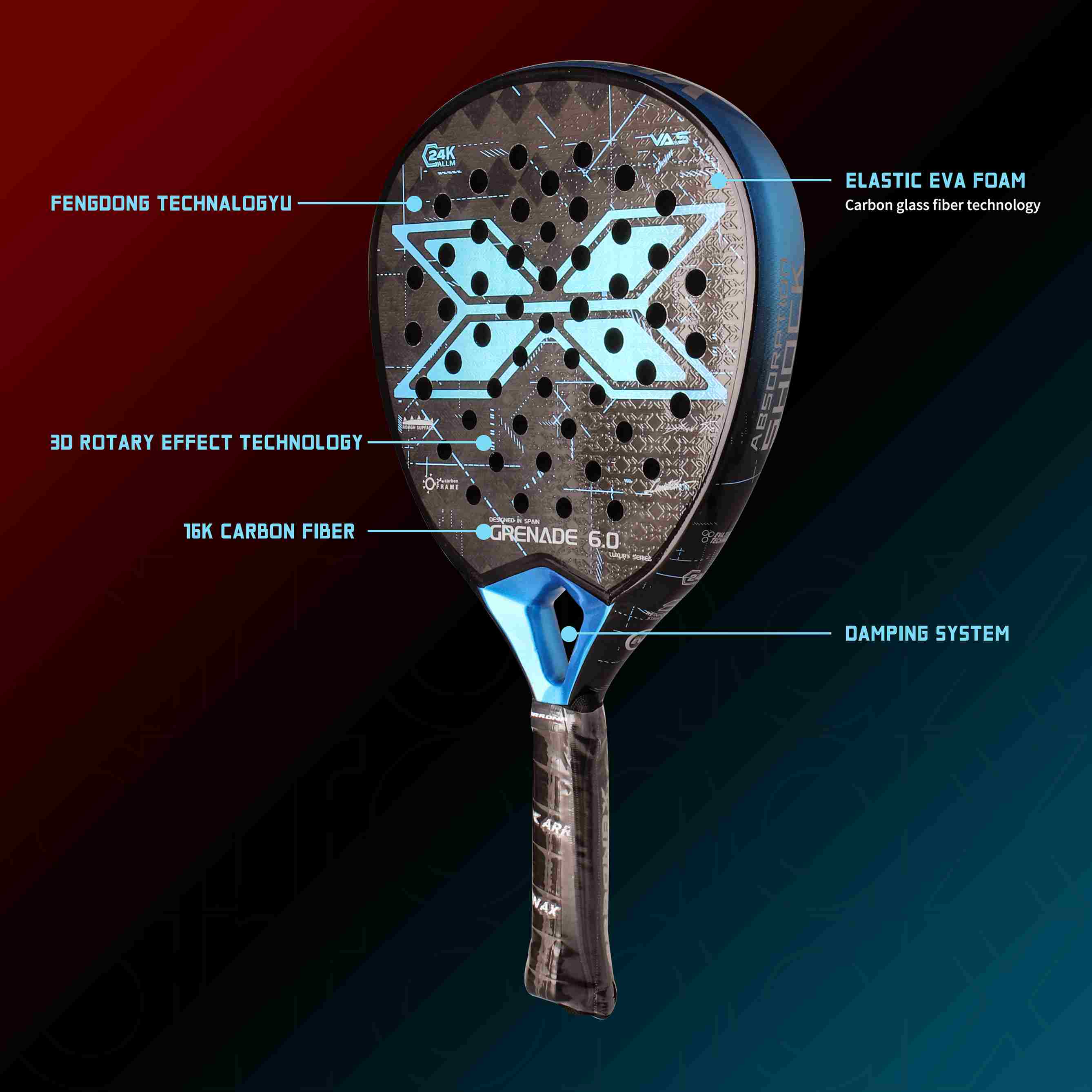 halcyos Grenade 6.0 padel racket with black EVA core for comfort and vibration control