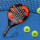 Closeup view of Halcyos IANONI professional beach tennis racket black and red design