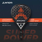 Front view of Halcyos IANONI Super Power 18K carbon fiber padel racket black and orange Qatar