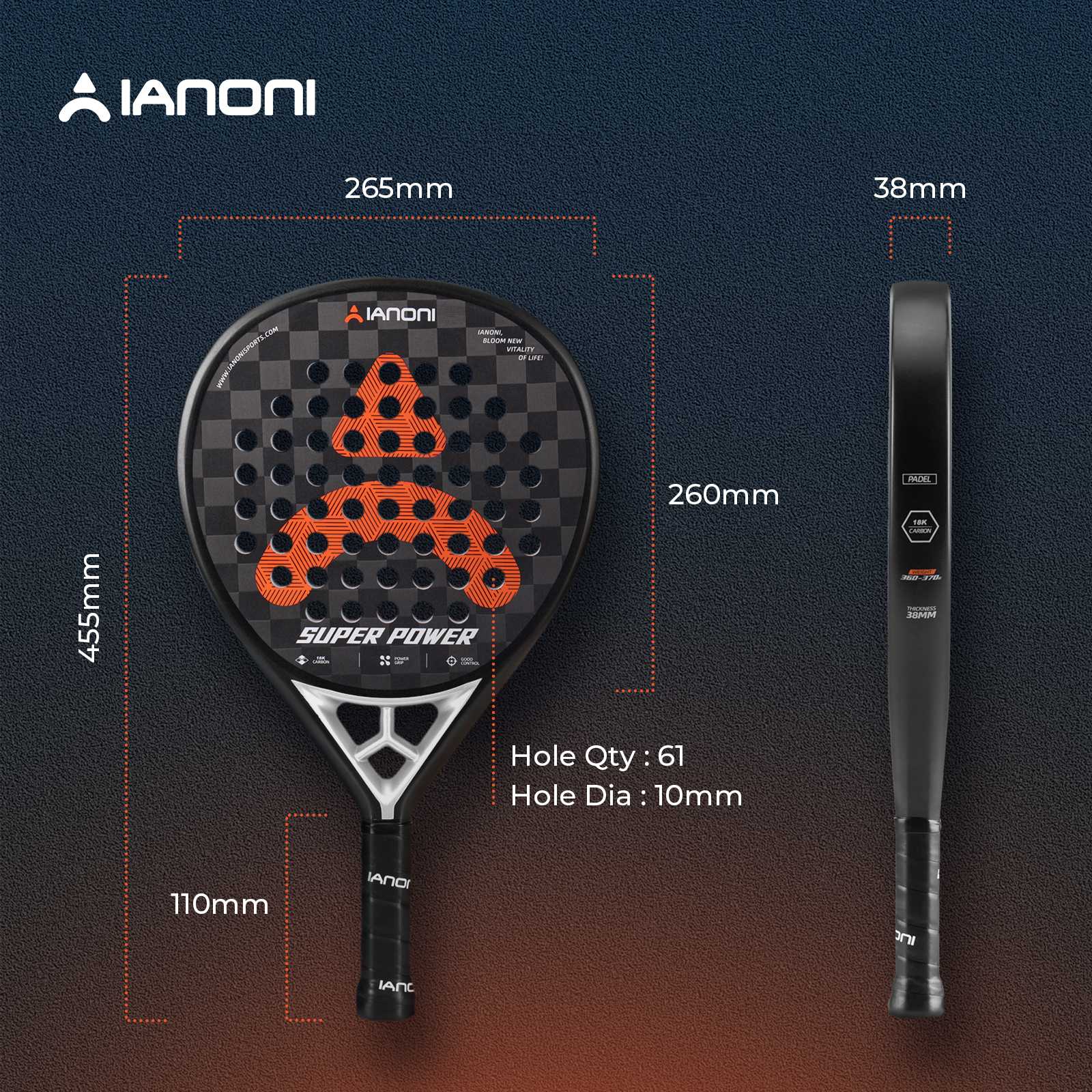 Side profile of Halcyos IANONI Super Power padel racket lightweight 38mm design