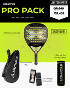 HALCYOS Pro Pack with Arronax Icon Pro 18K padel racket, premium leather bag, Pro Tour Elite padel balls, and 3 tacky overgrips in Qatar
