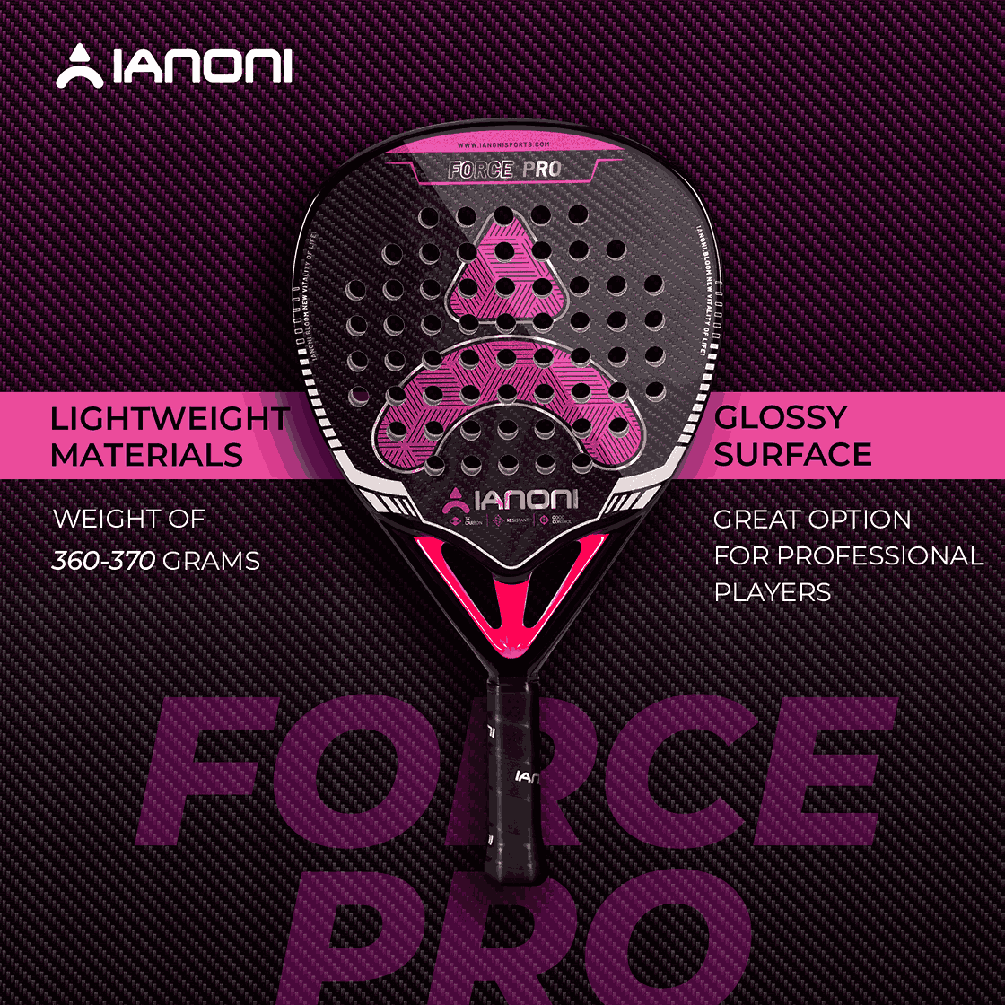Halcyos IANONI Force Pro padel racket front view with 3K carbon fiber face and hybrid shape