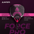 Halcyos IANONI Force Pro padel racket front view with 3K carbon fiber face and hybrid shape