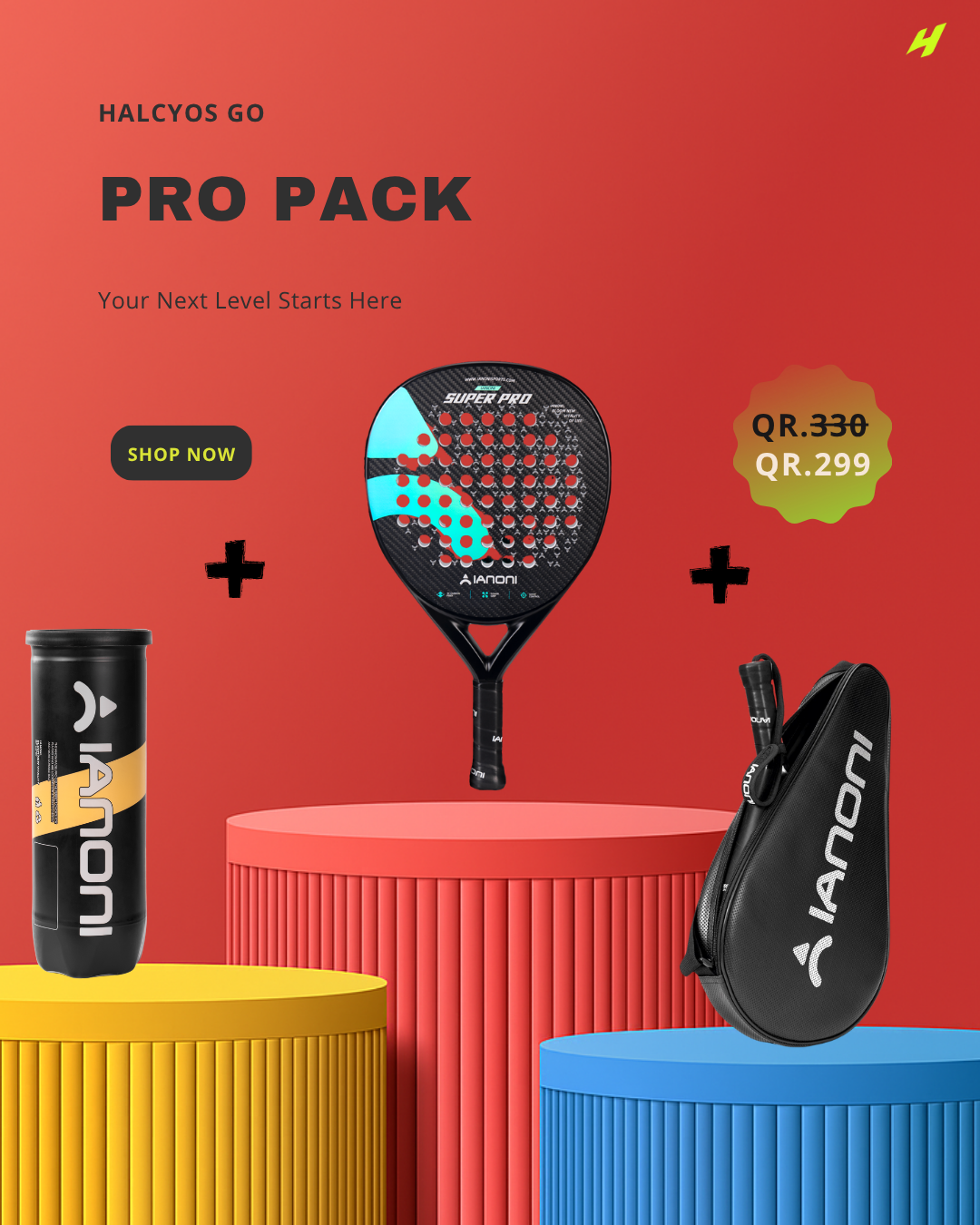 Halcyos Pro Pack – Padel racket bundle with pro balls and gear bag