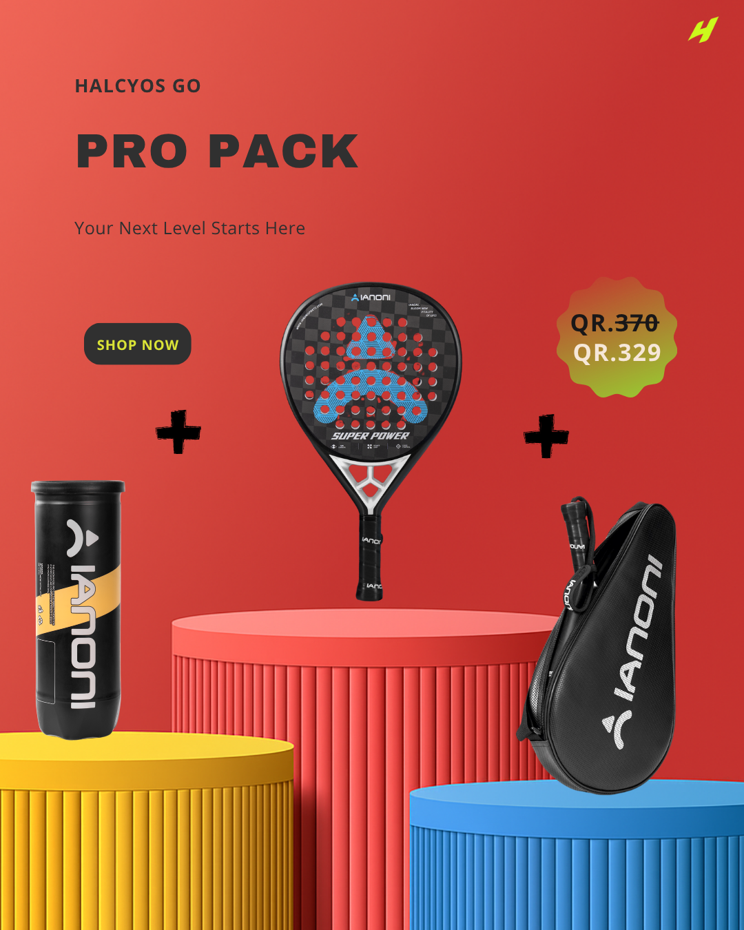 Halcyos Pro Power Pack – Power-focused padel racket bundle with balls and bag