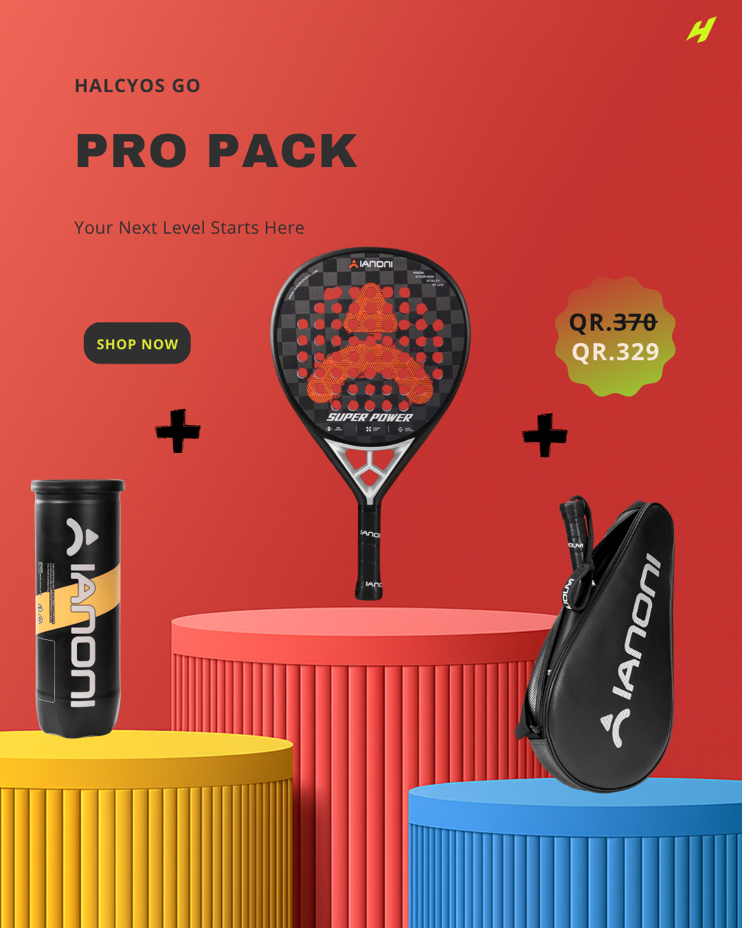 Halcyos Pro Power Pack Red Edition – High power padel racket bundle with pro balls and gear bag