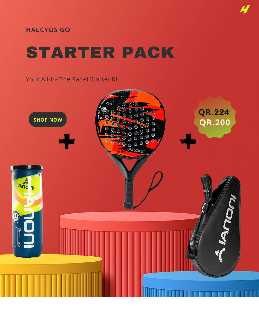 Halcyos Starter Pack – Beginner padel racket bundle with balls and bag