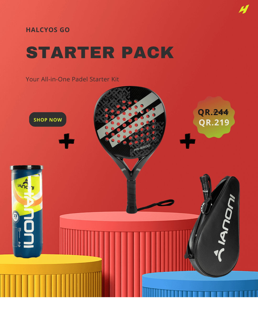 Paddle racket, can of balls, and case on a red background with 'Halcyos Go Starter Pack' text.