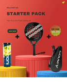 Paddle racket, can of balls, and case on a red background with 'Halcyos Go Starter Pack' text.