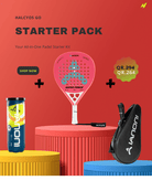 Paddle racket, case, and balls on a red background with 'Halcyos Go Starter Pack' text.