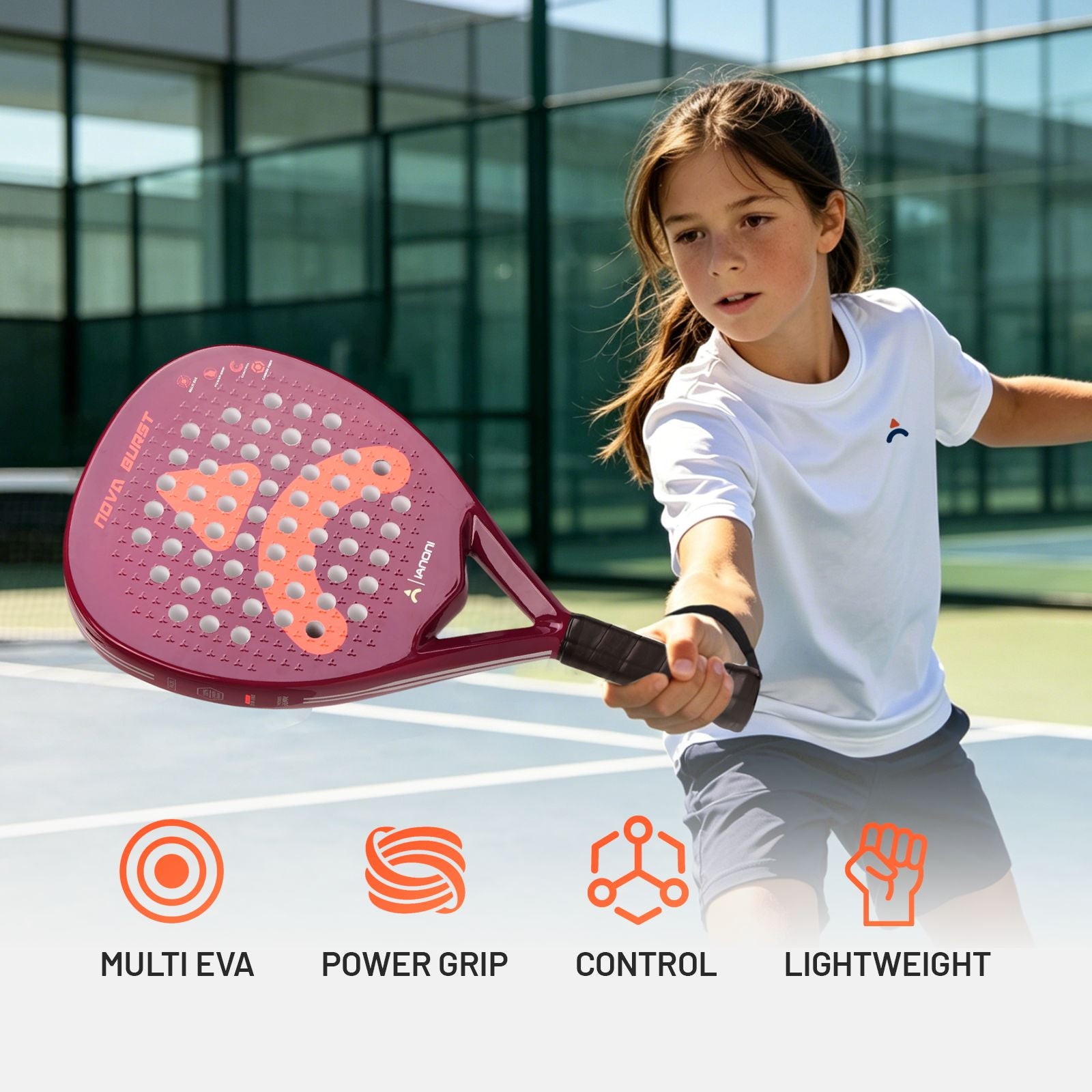 Junior players holding IANONI Nova Burst youth padel rackets on an outdoor court