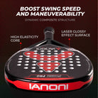 Red hybrid shape padel racket with EVA core and large sweet spot