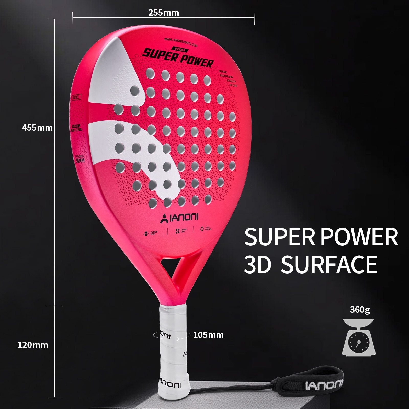 Close-up of the white non-slip grip and wrist strap on the IANONI Super Power padel racket