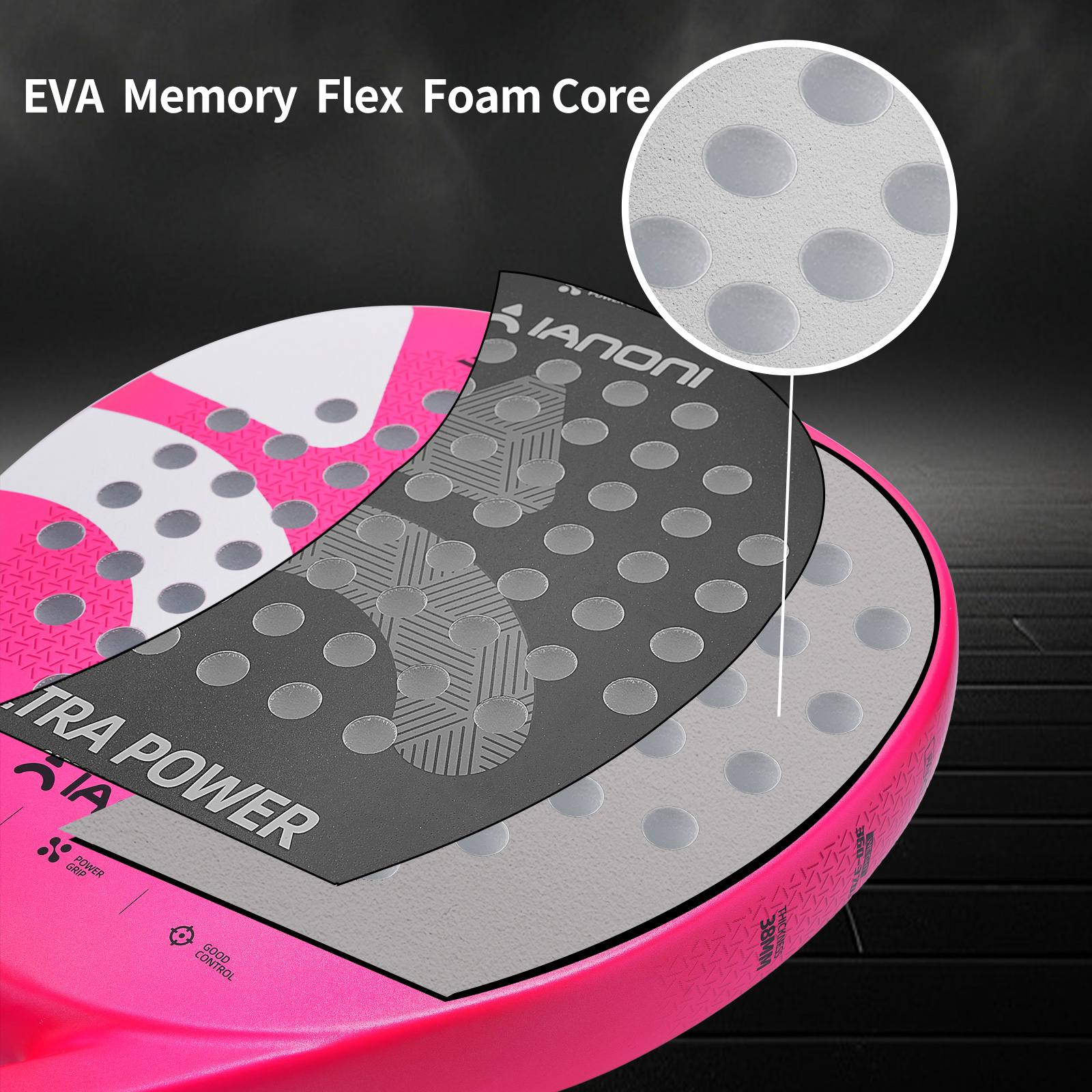 Side profile of the pink IANONI Super Power padel racket showing its 38mm frame