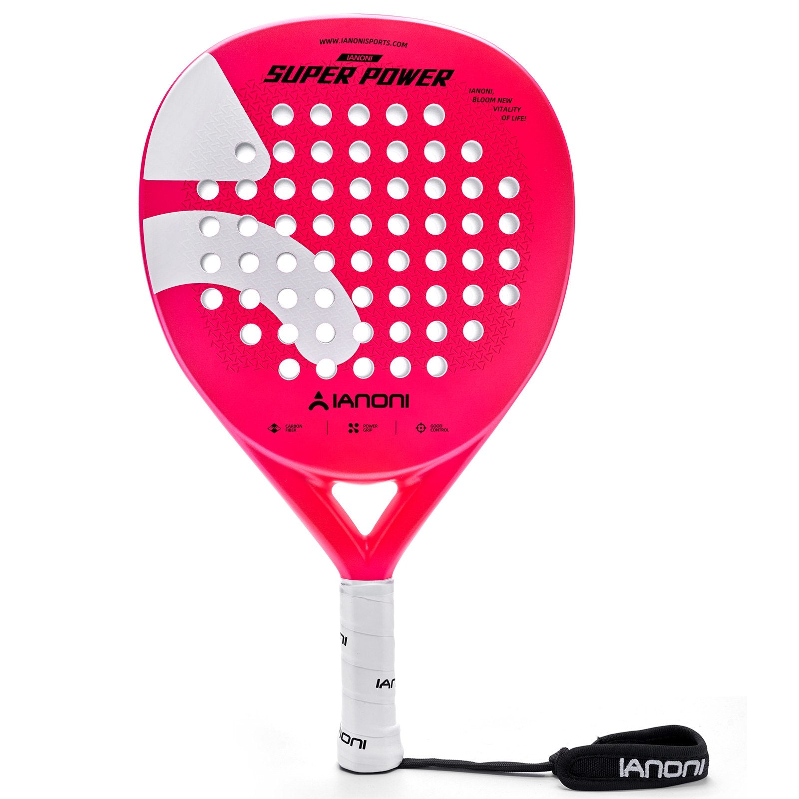 Front view of the pink IANONI Super Power padel racket with white grip and wrist strap
