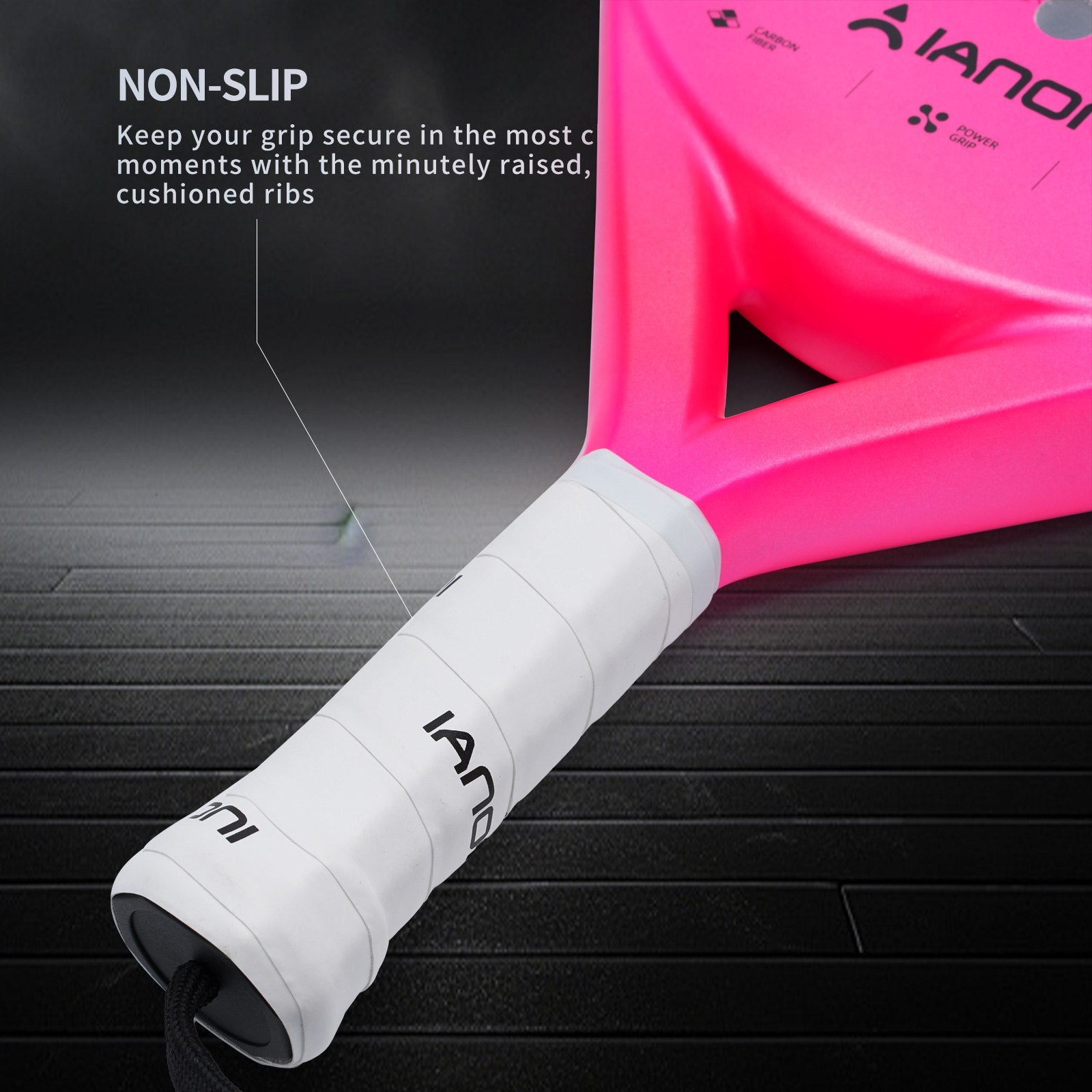 Female padel player holding the pink IANONI Super Power racket on court