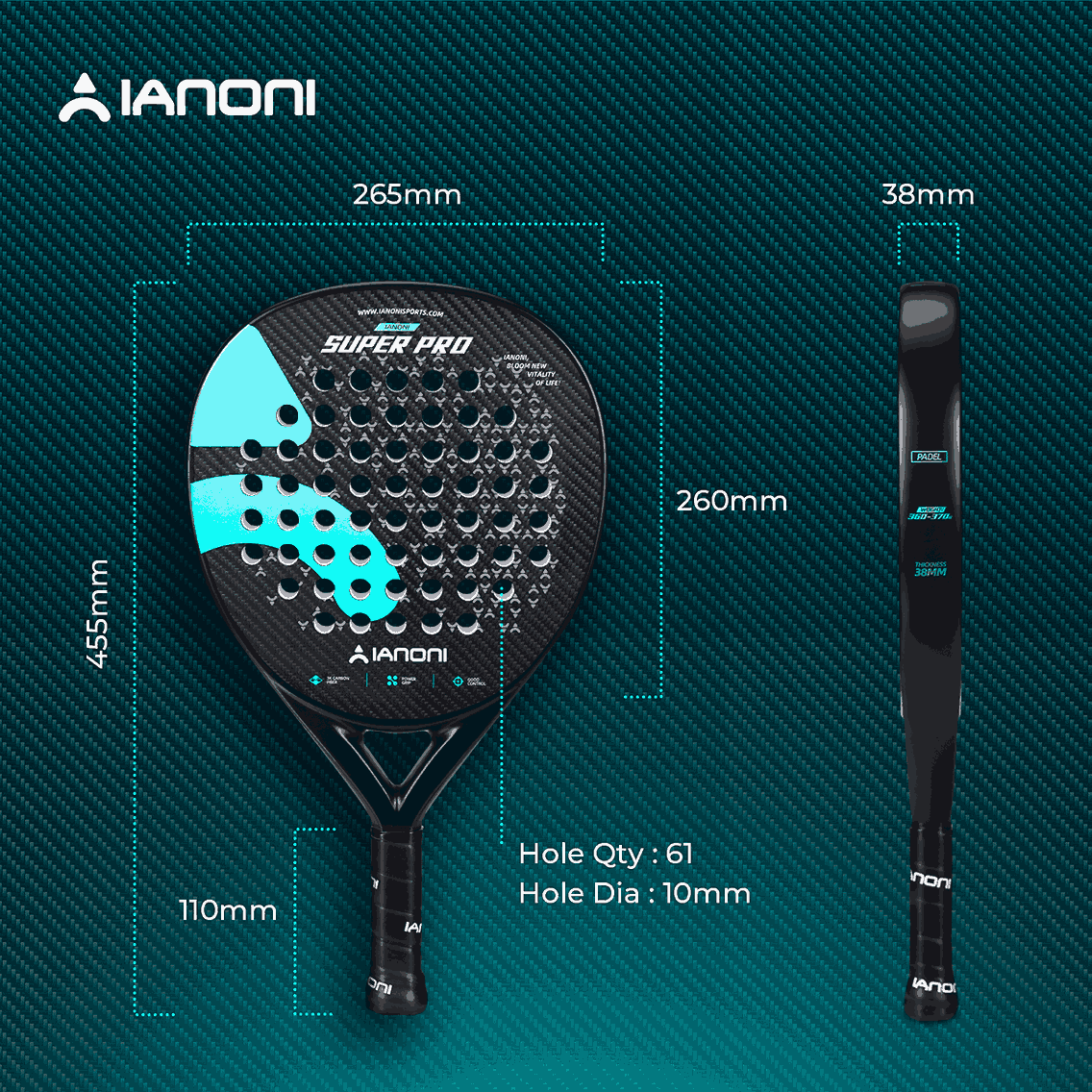 Lightweight padel racket weighing 360 grams for fast play