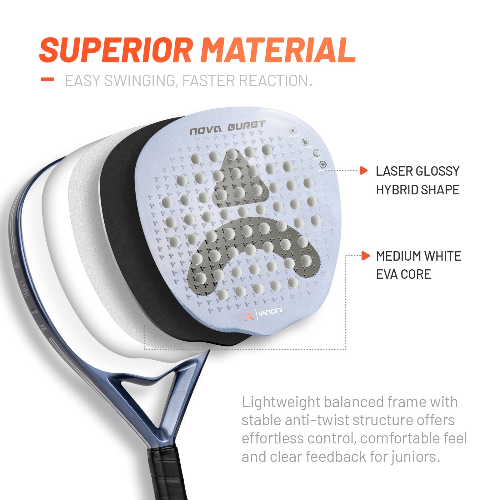 Size and weight details of the IANONI Nova Burst 310–320g junior padel racket