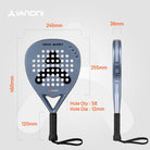 Full front product view of the grey IANONI Nova Burst junior racket and wrist strap