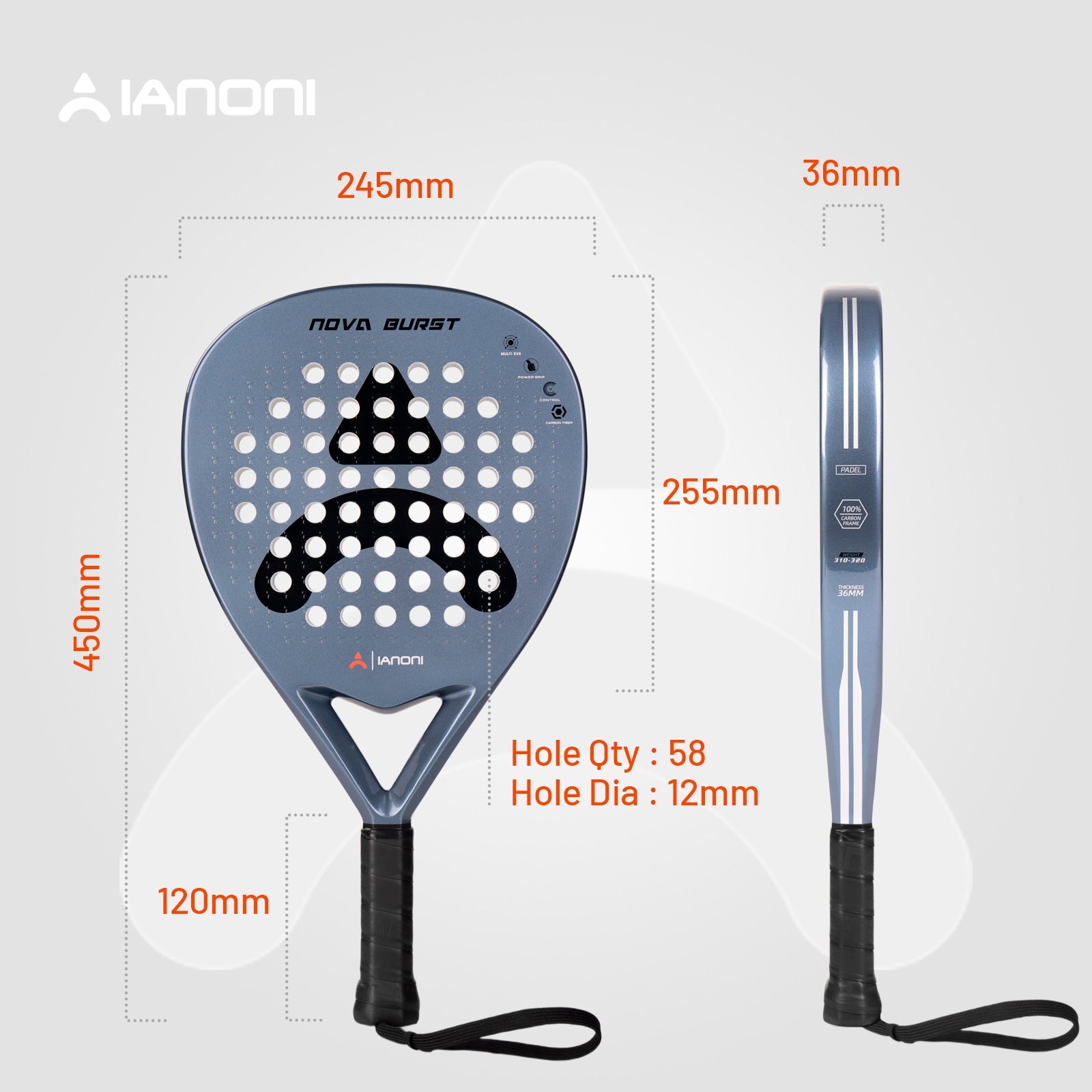 Full front product view of the grey IANONI Nova Burst junior racket and wrist strap