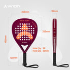 Nova Burst junior padel racket specifications including 310–320g weight and 36mm frame