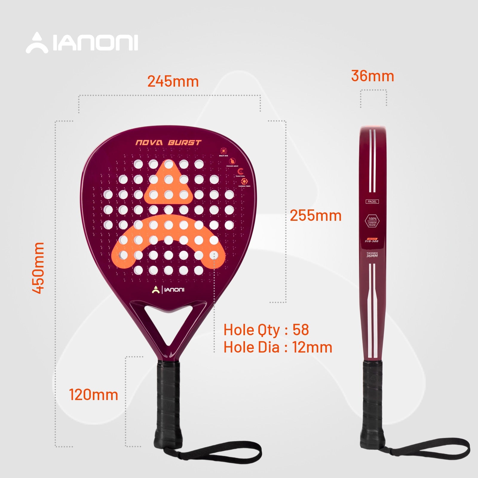 Nova Burst junior padel racket specifications including 310–320g weight and 36mm frame