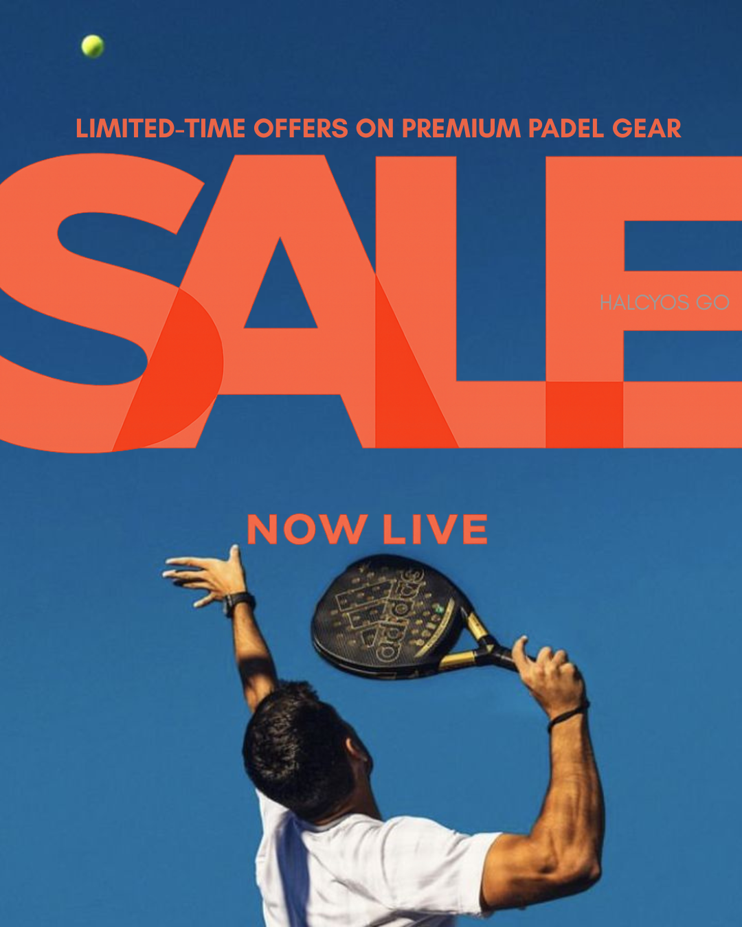 Padel player performing an overhead smash during a sale on premium padel gear by Halcyos Go